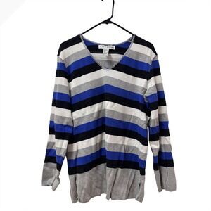 Vittadini Womens Blue Black White Striped Cotton V-Neck Sweater M Made in USA